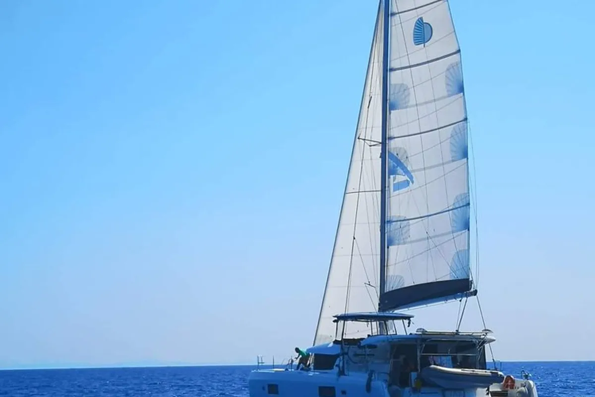 Exterior view of Miss Nastazia, a Lagoon 42 catamaran at Salamina Municipal Unit, Greece