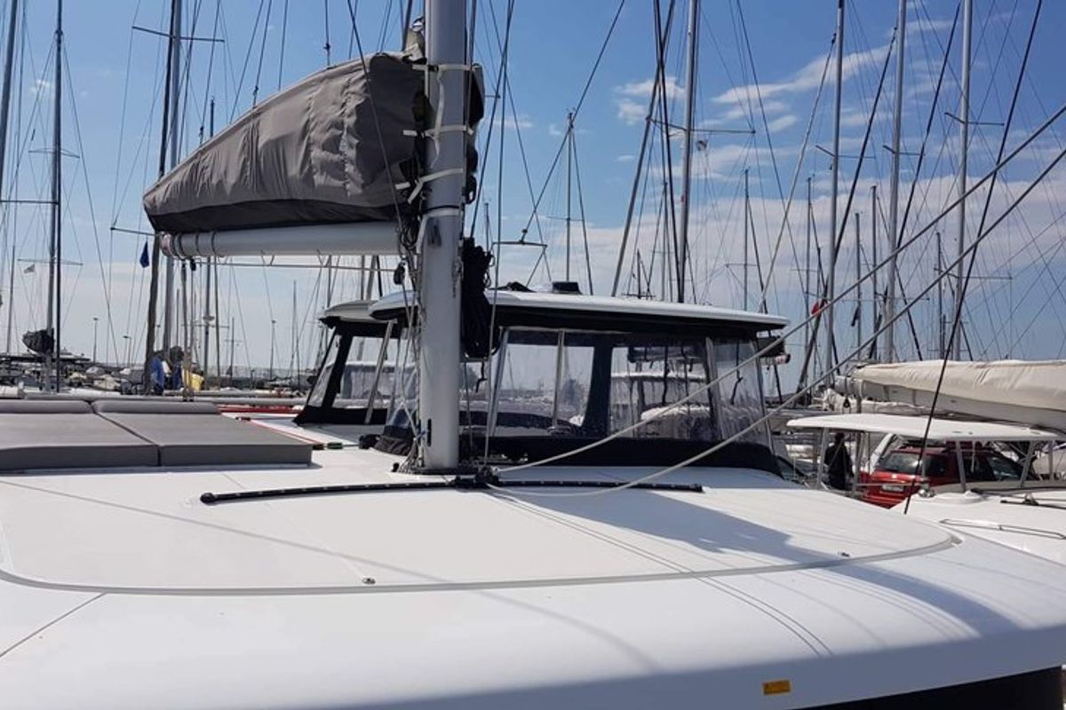 Deck of Miss Nastazia, a Lagoon 42 catamaran at Salamina Municipal Unit, Greece