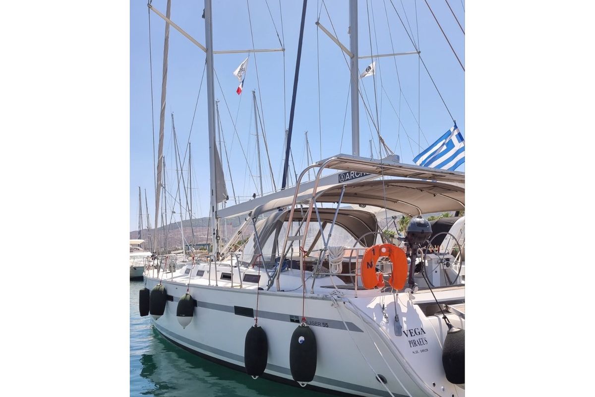 Exterior view of Vega, a Bavaria 55 Cruiser sailboat at Kos, Greece