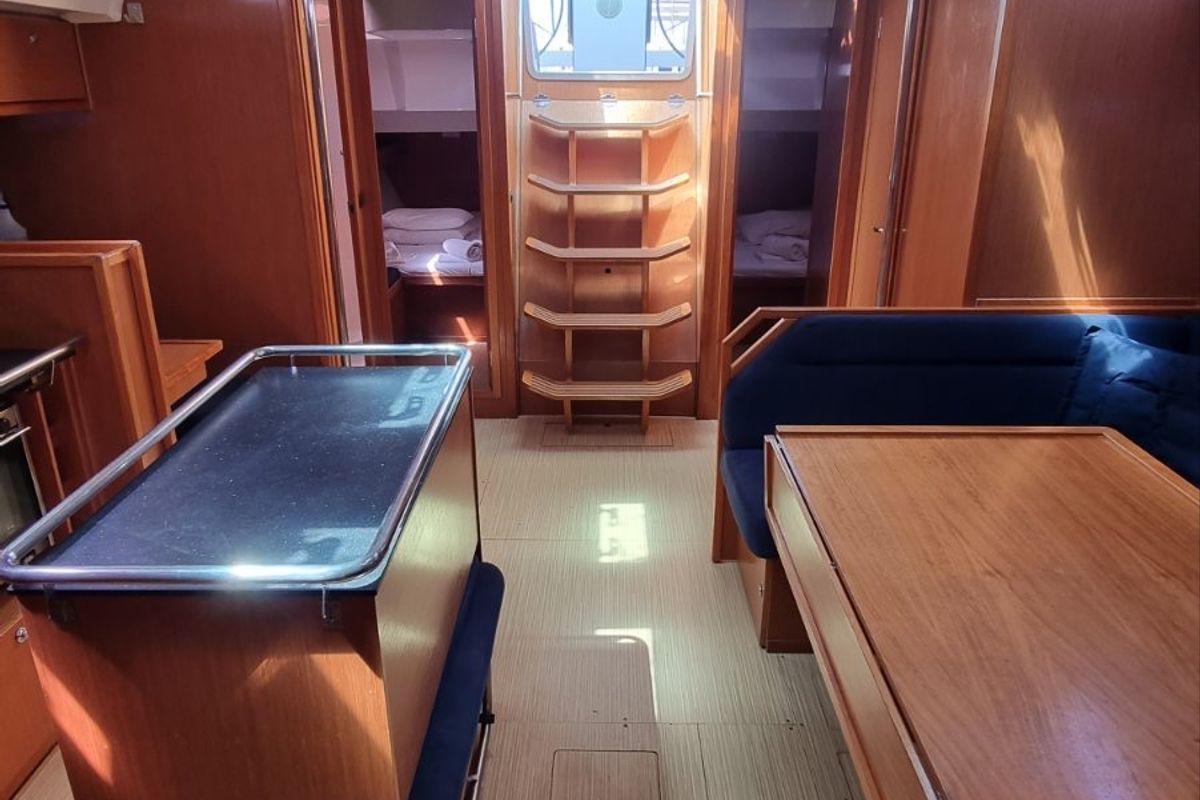 Salon of Vega, a Bavaria 55 Cruiser sailboat at Kos, Greece