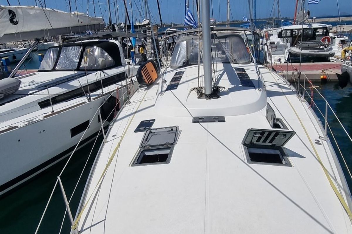Deck of Vega, a Bavaria 55 Cruiser sailboat at Kos, Greece