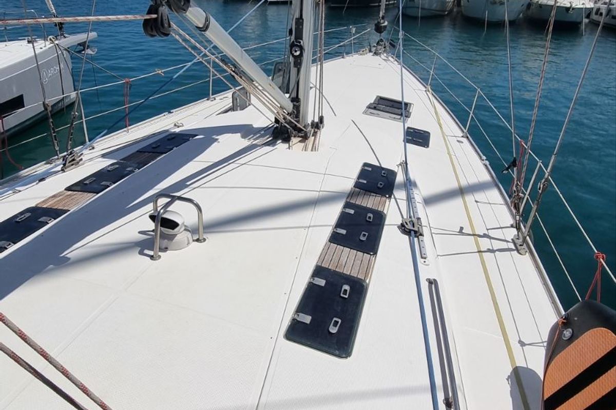 Deck of Vega, a Bavaria 55 Cruiser sailboat at Kos, Greece
