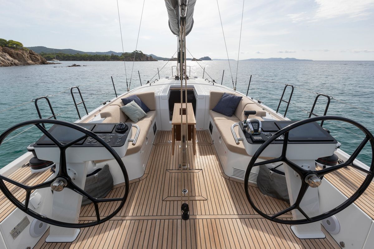 Cockpit of Idefix, a Beneteau First 44 sailboat at Lavreotiki Municipal Unit, Greece