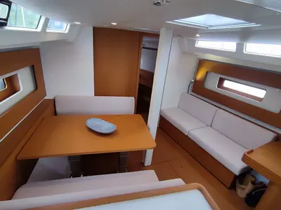 Salon of Idefix, a Beneteau First 44 sailboat at Lavreotiki Municipal Unit, Greece