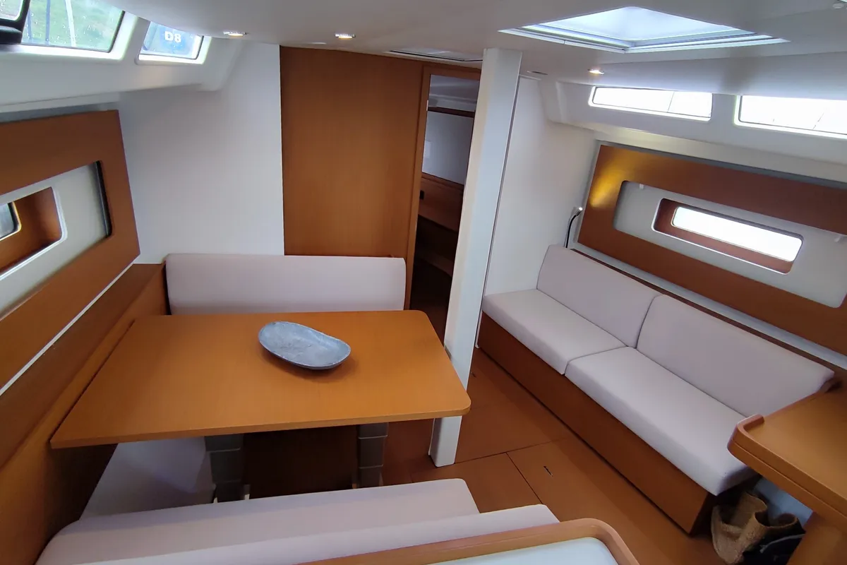 Salon of Idefix, a Beneteau First 44 sailboat at Lavreotiki Municipal Unit, Greece