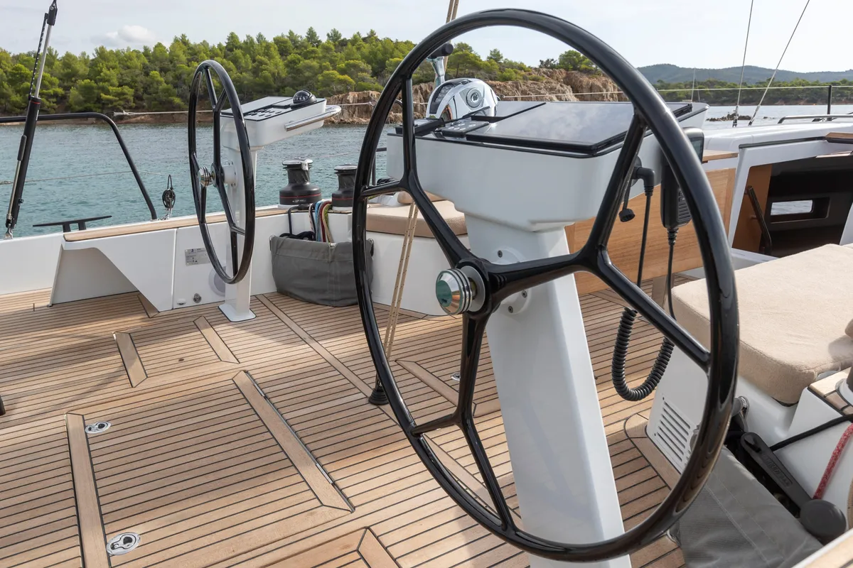 Cockpit of Idefix, a Beneteau First 44 sailboat at Lavreotiki Municipal Unit, Greece