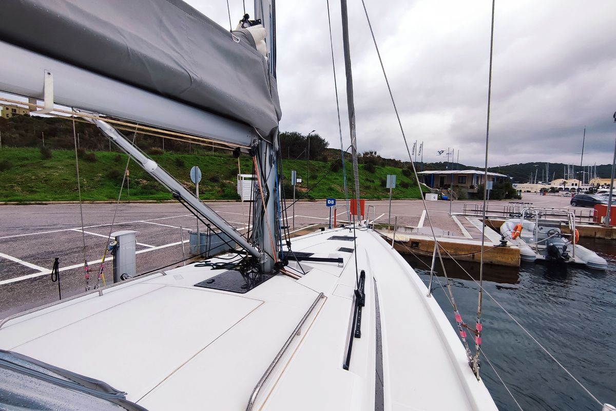 Deck of Idefix, a Beneteau First 44 sailboat at Lavreotiki Municipal Unit, Greece