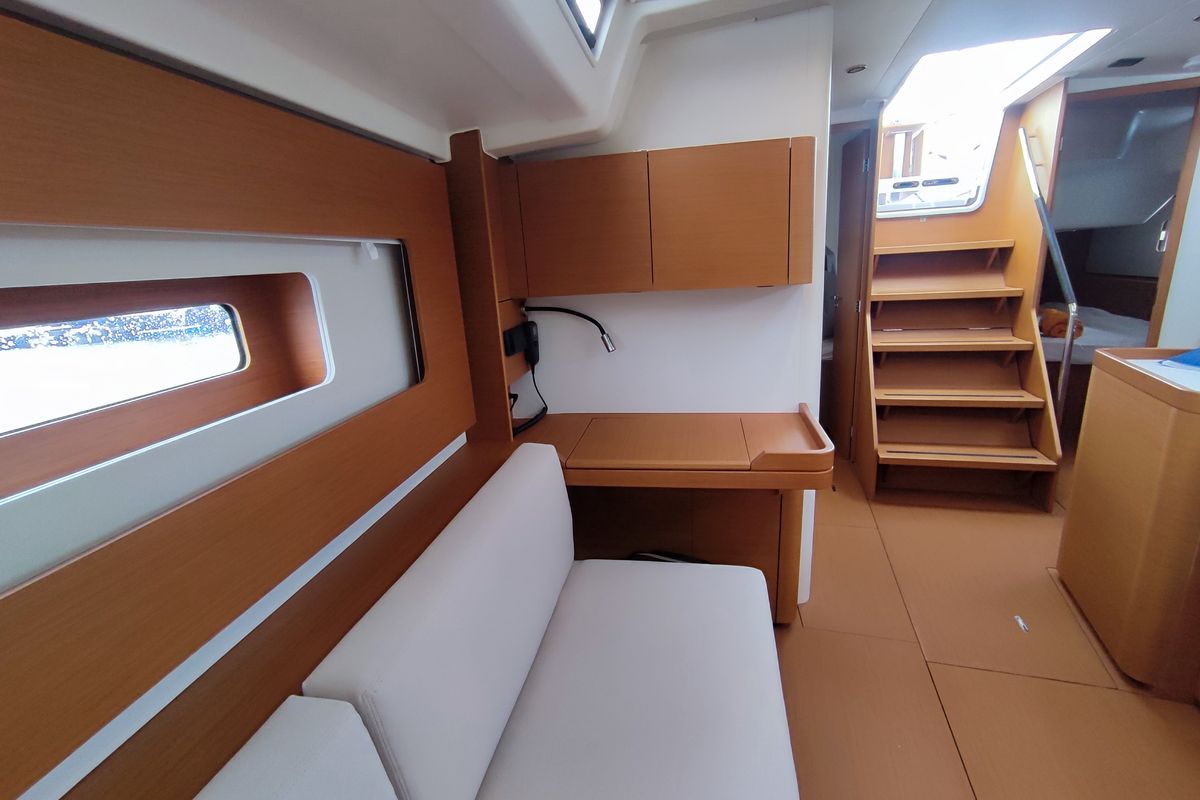 Salon of Idefix, a Beneteau First 44 sailboat at Lavreotiki Municipal Unit, Greece