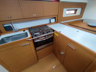 Galley of Idefix, a Beneteau First 44 sailboat at Lavreotiki Municipal Unit, Greece