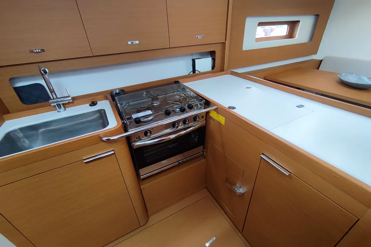 Galley of Idefix, a Beneteau First 44 sailboat at Lavreotiki Municipal Unit, Greece