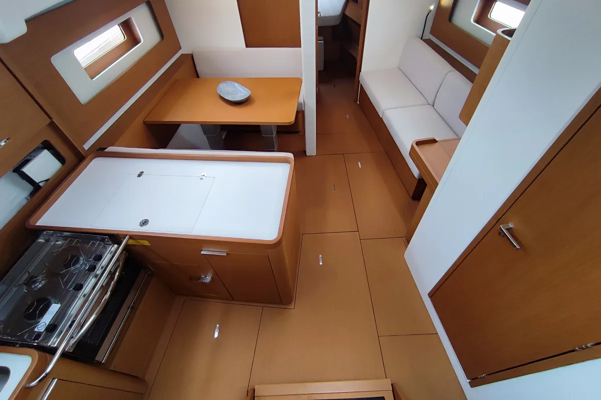 Salon of Idefix, a Beneteau First 44 sailboat at Lavreotiki Municipal Unit, Greece