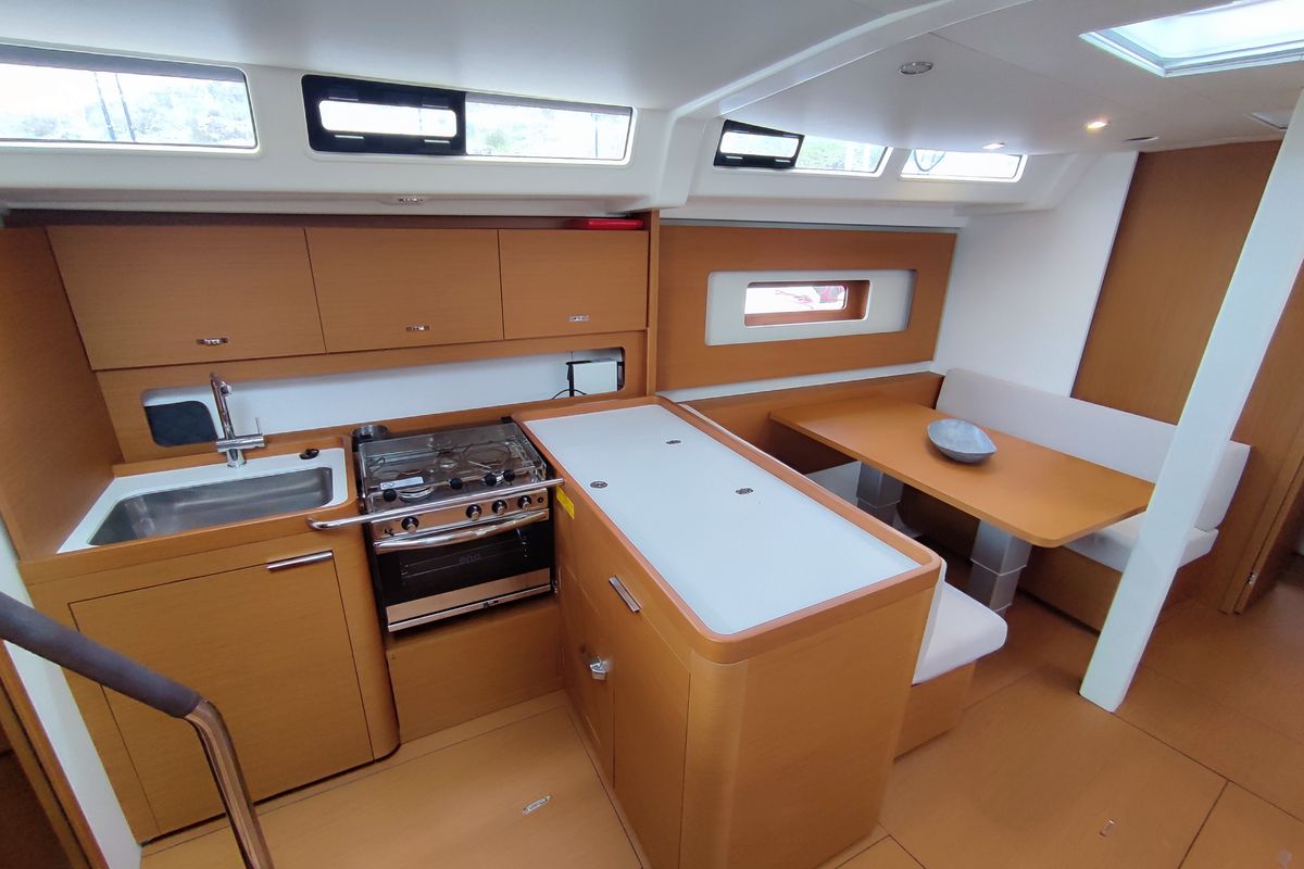 Galley of Idefix, a Beneteau First 44 sailboat at Lavreotiki Municipal Unit, Greece