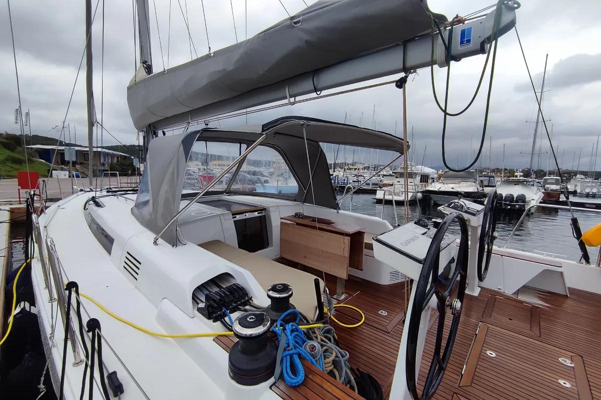Deck of Idefix, a Beneteau First 44 sailboat at Lavreotiki Municipal Unit, Greece