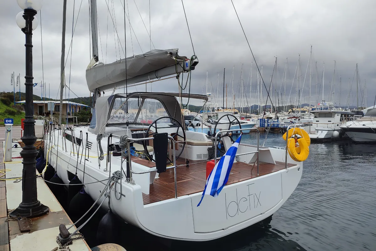 Exterior view of Idefix, a Beneteau First 44 sailboat at Lavreotiki Municipal Unit, Greece