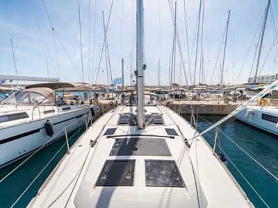 Deck of Dioni, a Dufour 460 GL sailboat at Municipal Unit of Rhodes, Greece