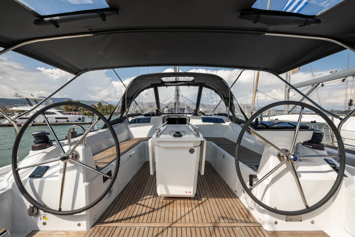 Cockpit of Pure Chaos, a Beneteau Oceanis 40.1 sailboat at Municipal Unit of Nea Peramos, Greece