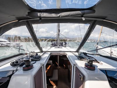 Cockpit of Pure Chaos, a Beneteau Oceanis 40.1 sailboat at Municipal Unit of Nea Peramos, Greece