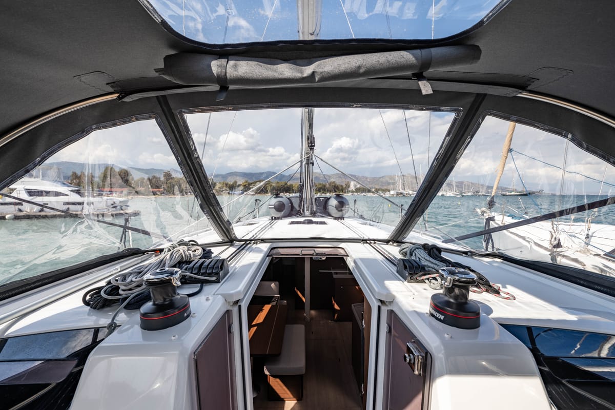 Cockpit of Pure Chaos, a Beneteau Oceanis 40.1 sailboat at Municipal Unit of Nea Peramos, Greece