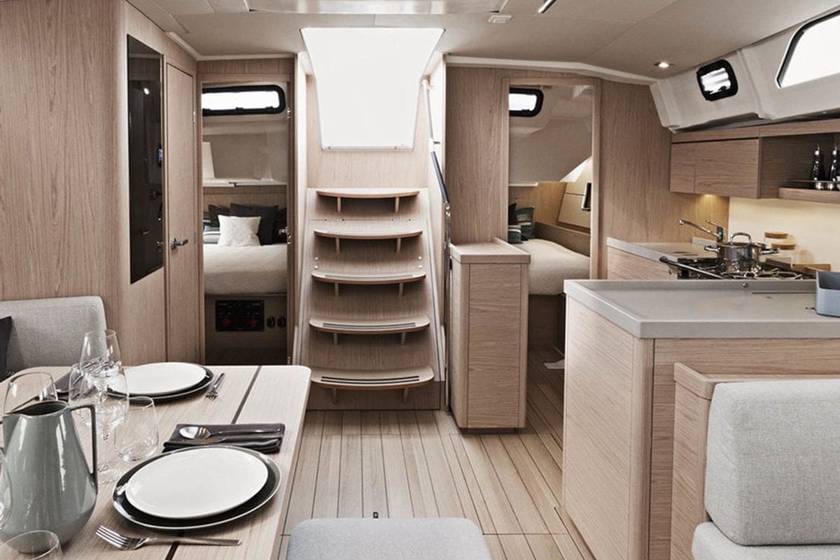 Salon of Sunsail 46.4 Premium, a Beneteau Oceanis 46.1 sailboat at Cannigione, Italy