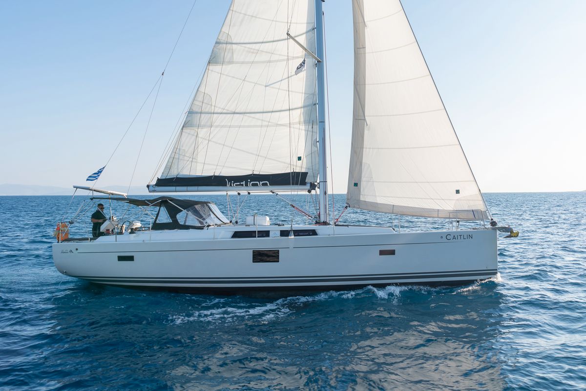 Exterior view of Caitlin of Lorne, a Hanse Yachts Hanse 455 sailboat at Kos, Greece