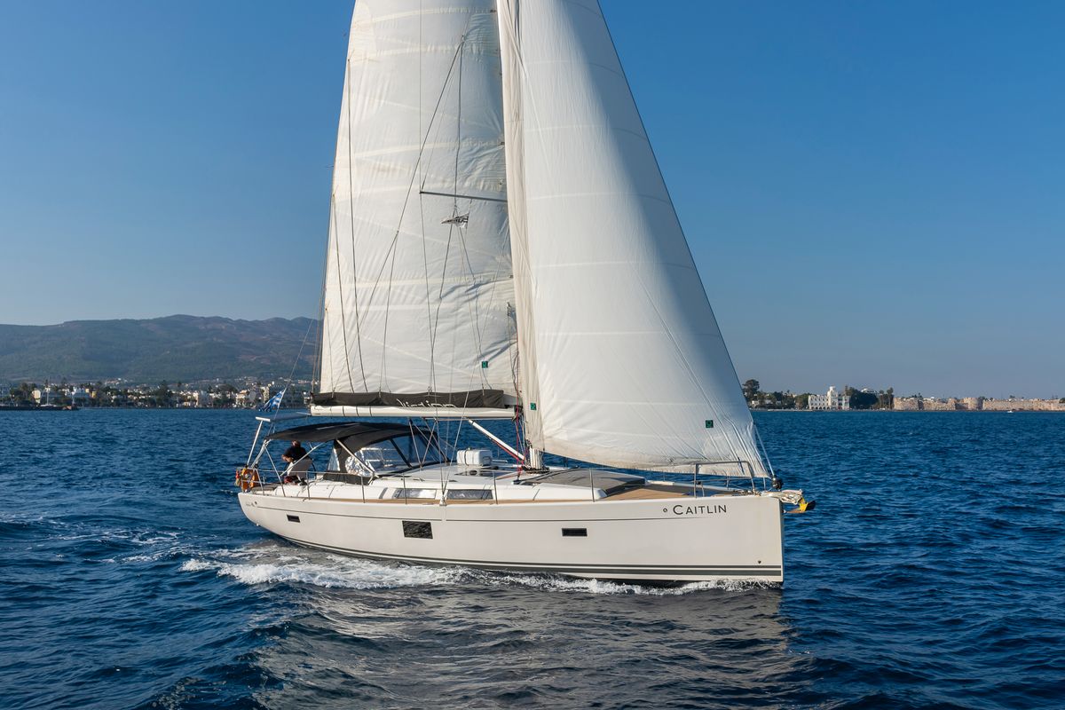 Exterior view of Caitlin of Lorne, a Hanse Yachts Hanse 455 sailboat at Kos, Greece