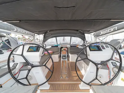 Cockpit of Caitlin of Lorne, a Hanse Yachts Hanse 455 sailboat at Kos, Greece