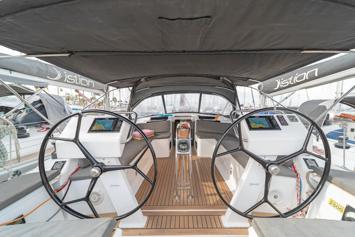 Cockpit of Caitlin of Lorne, a Hanse Yachts Hanse 455 sailboat at Kos, Greece
