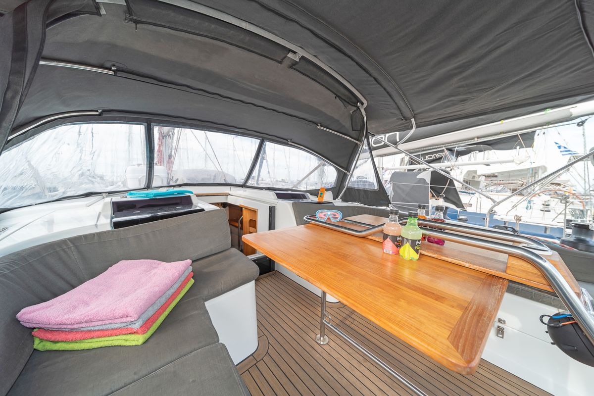 Deck of Caitlin of Lorne, a Hanse Yachts Hanse 455 sailboat at Kos, Greece