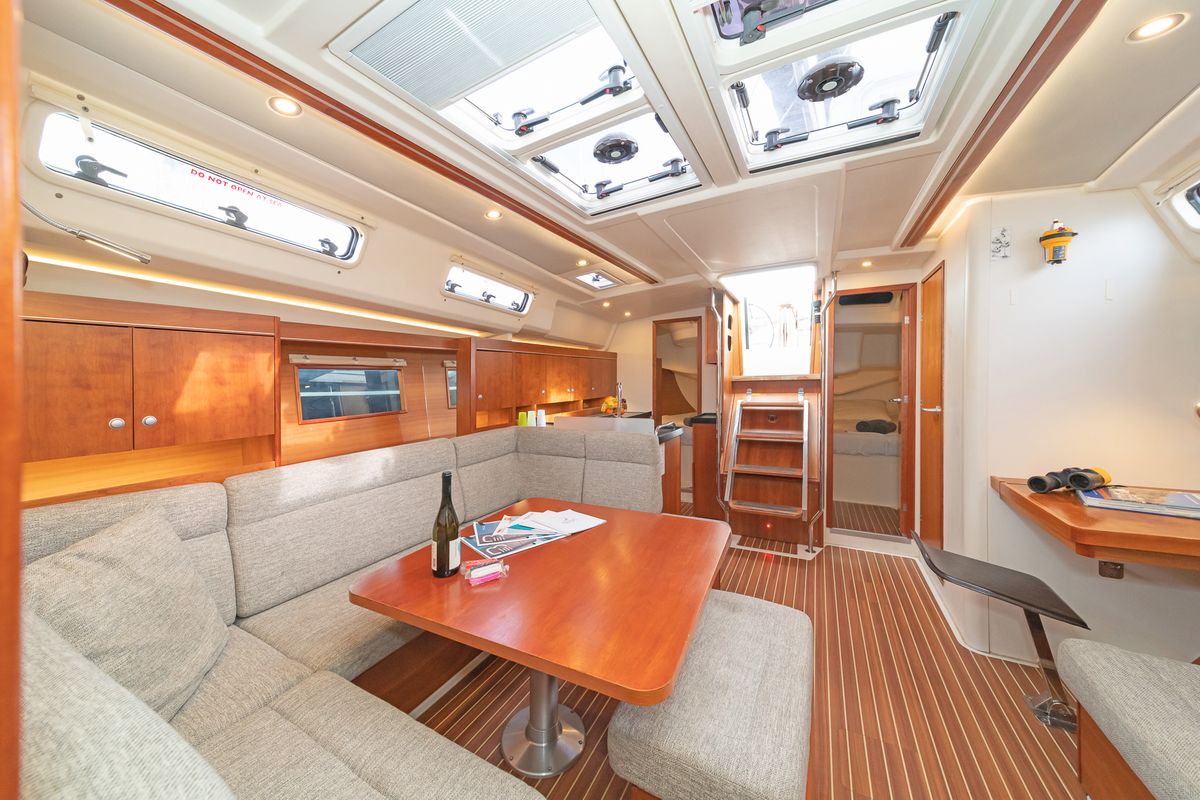 Salon of Caitlin of Lorne, a Hanse Yachts Hanse 455 sailboat at Kos, Greece