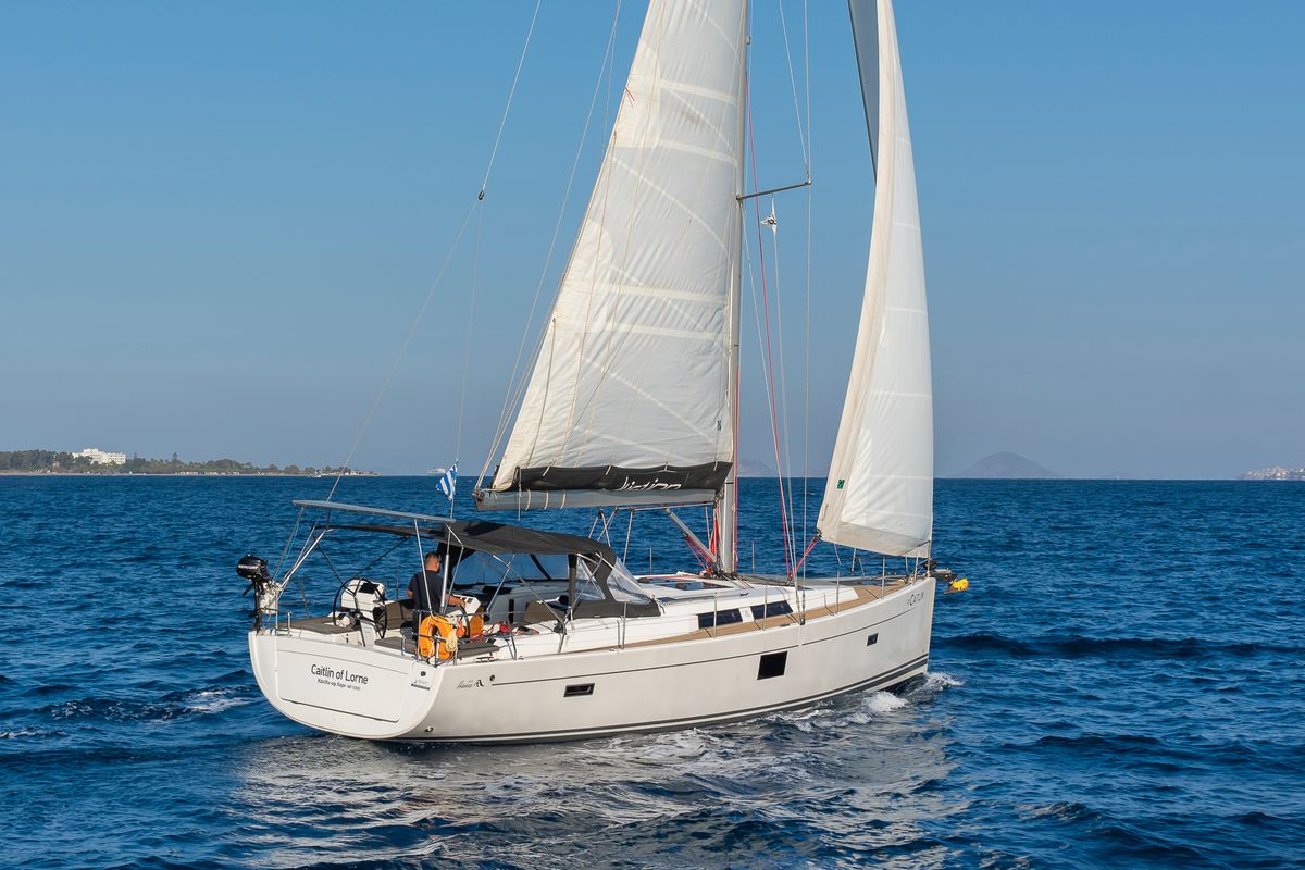 Exterior view of Caitlin of Lorne, a Hanse Yachts Hanse 455 sailboat at Kos, Greece