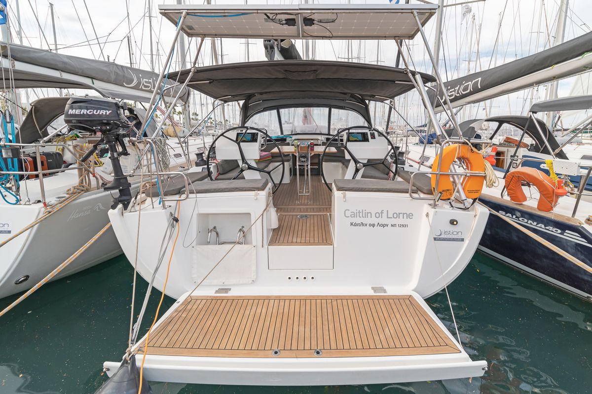 Cockpit of Caitlin of Lorne, a Hanse Yachts Hanse 455 sailboat at Kos, Greece