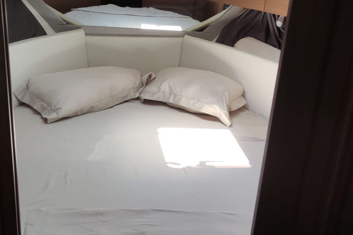 Cabin on Gloria, a Jeanneau Merry Fisher 895 motorboat at Bacoli, Italy