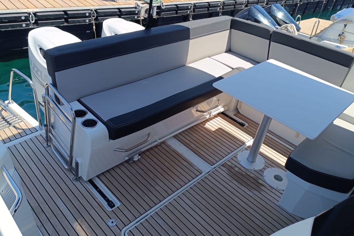 Deck of Gloria, a Jeanneau Merry Fisher 895 motorboat at Bacoli, Italy