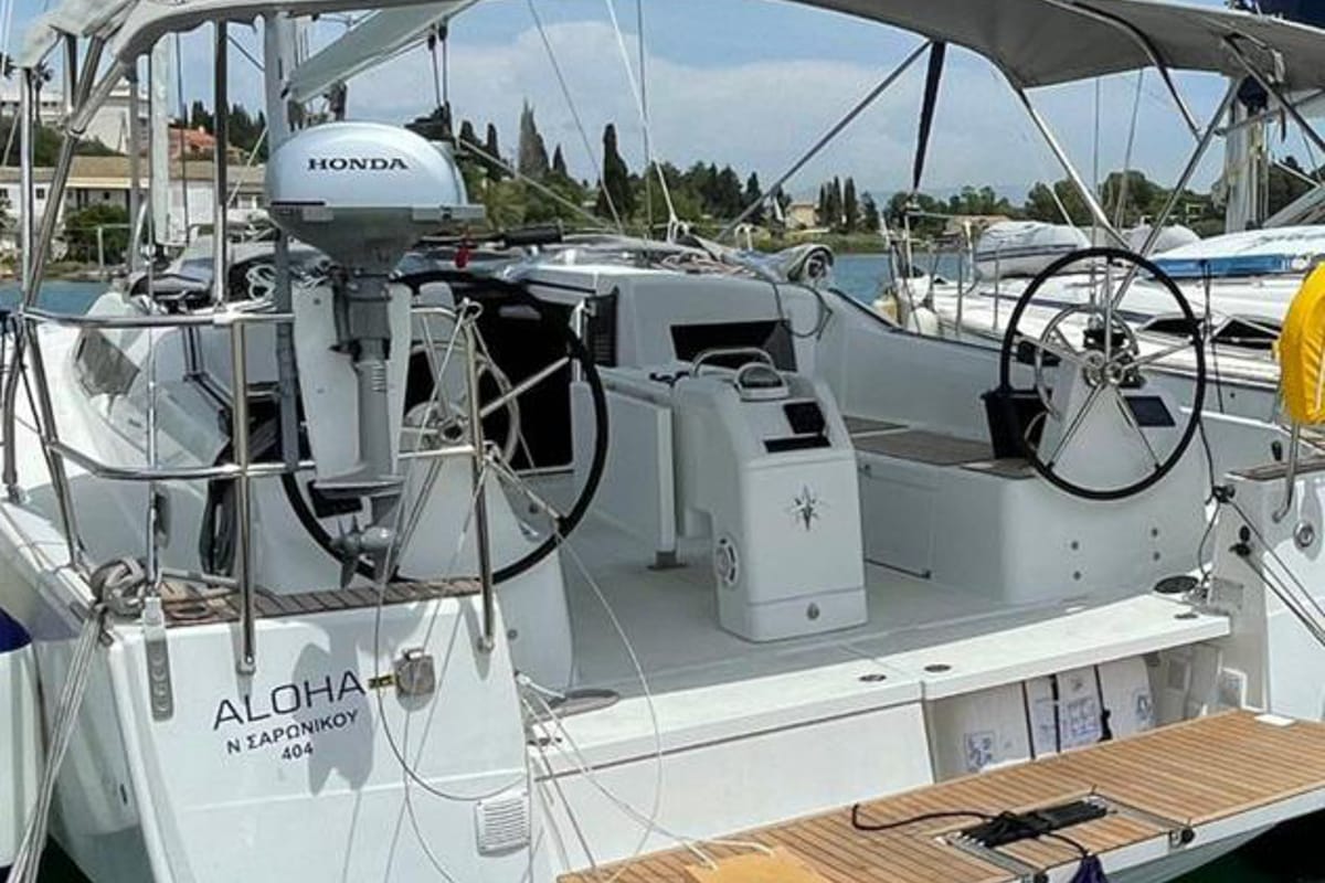 Cockpit of Aloha, a Jeanneau Sun Odyssey 410 sailboat at Gouvia, Greece