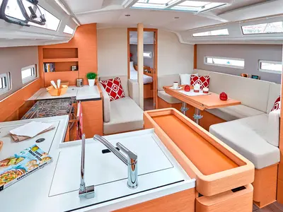 Salon of Aloha, a Jeanneau Sun Odyssey 410 sailboat at Gouvia, Greece