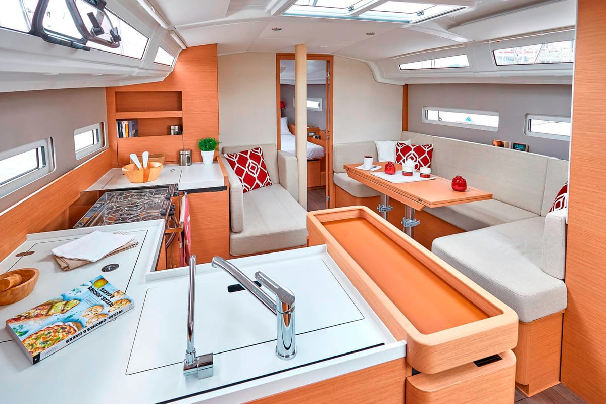 Salon of Aloha, a Jeanneau Sun Odyssey 410 sailboat at Gouvia, Greece