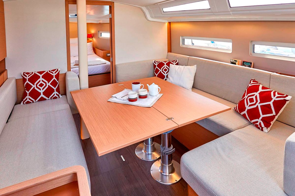Salon of Aloha, a Jeanneau Sun Odyssey 410 sailboat at Gouvia, Greece