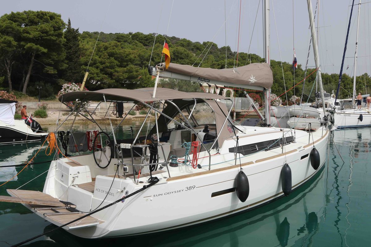 Exterior view of ACE OF SPADES, a Jeanneau Sun Odyssey 389 sailboat at Općina Sukošan, Croatia
