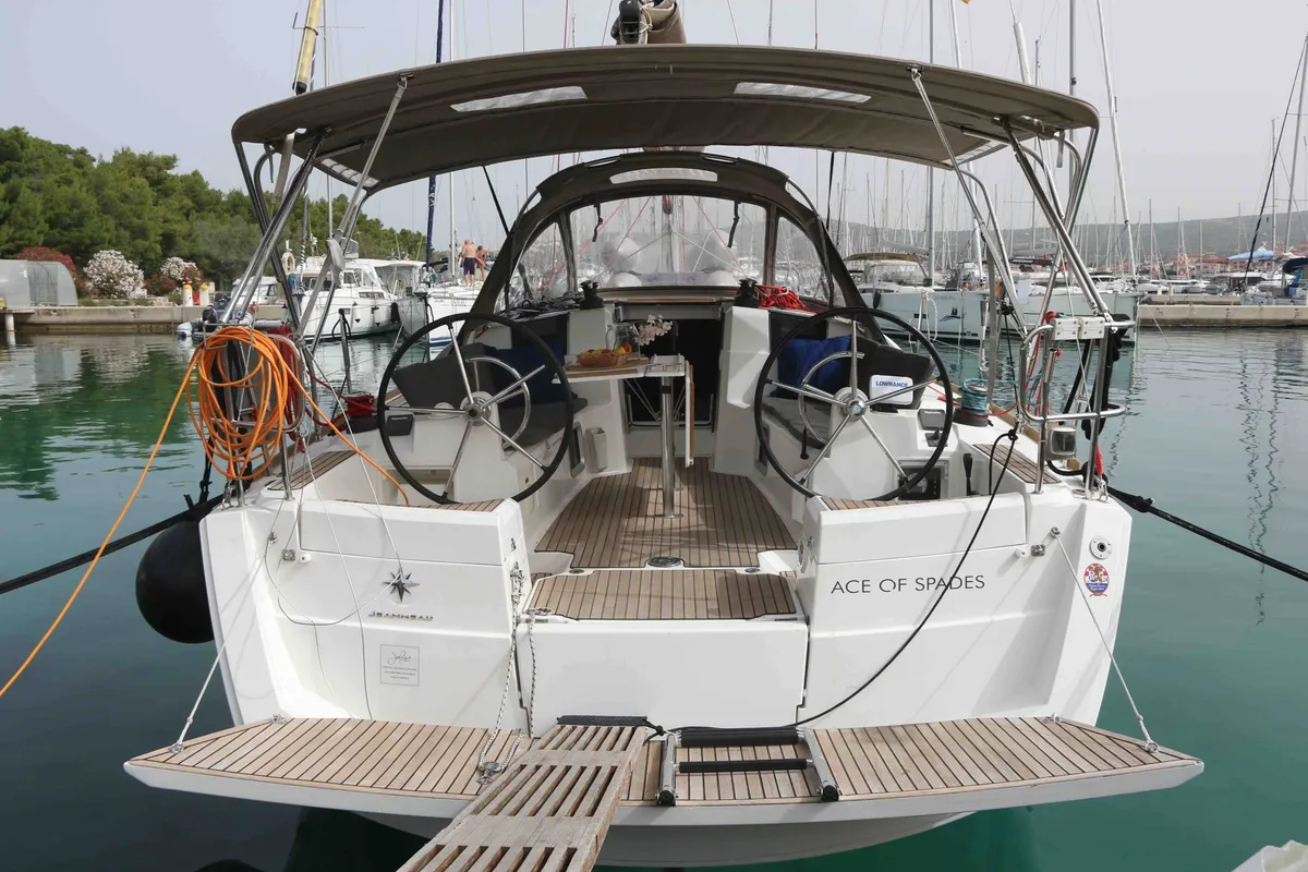 Cockpit of ACE OF SPADES, a Jeanneau Sun Odyssey 389 sailboat at Općina Sukošan, Croatia