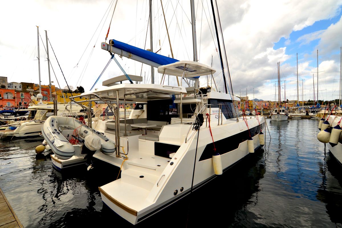Exterior view of Myg V, a Leopard 42 catamaran at Procida, Italy