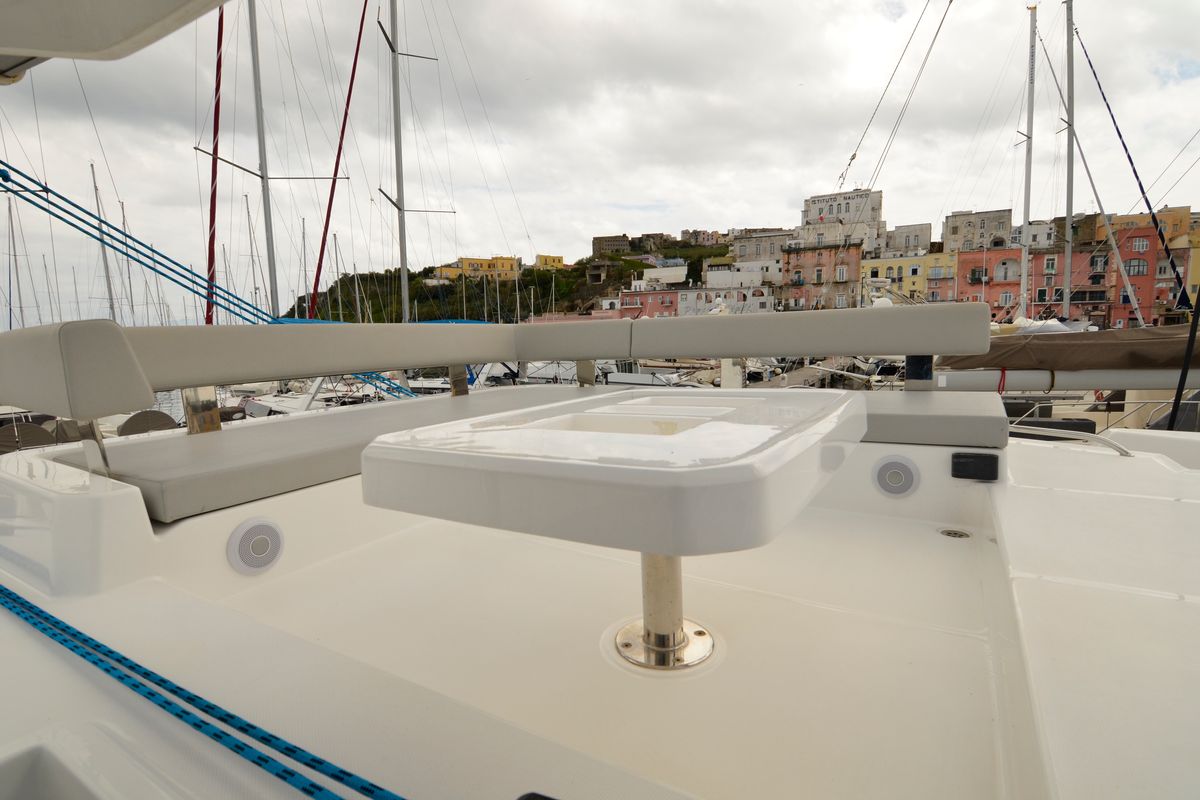Deck of Myg V, a Leopard 42 catamaran at Procida, Italy