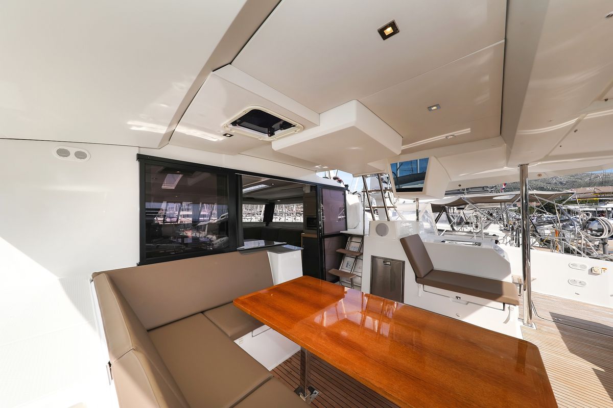 Deck of Tamara V, a Fountaine Pajot Saona 47 Quintet catamaran at Grad Trogir, Croatia
