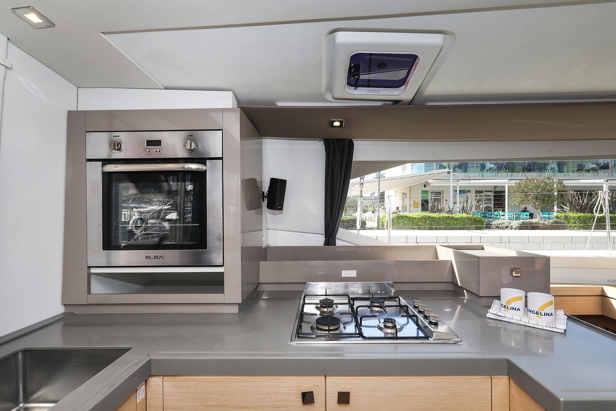 Galley of Tamara V, a Fountaine Pajot Saona 47 Quintet catamaran at Grad Trogir, Croatia