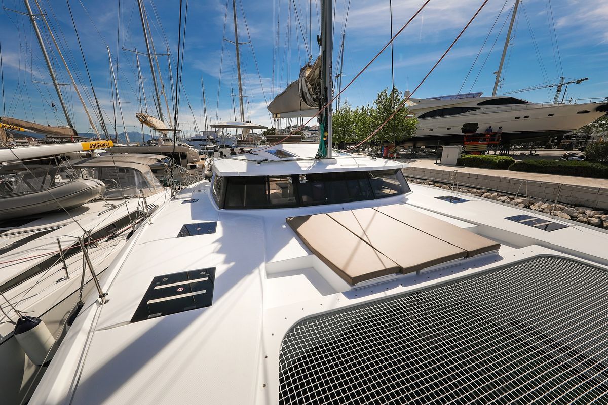 Deck of Tamara V, a Fountaine Pajot Saona 47 Quintet catamaran at Grad Trogir, Croatia