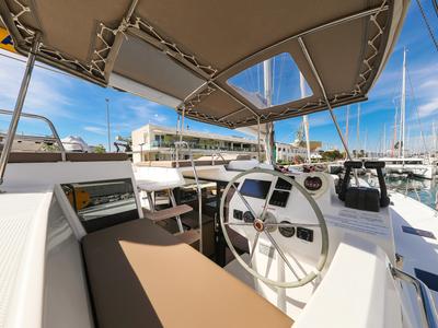 Cockpit of Tamara V, a Fountaine Pajot Saona 47 Quintet catamaran at Grad Trogir, Croatia