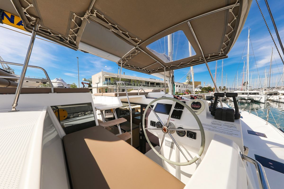 Cockpit of Tamara V, a Fountaine Pajot Saona 47 Quintet catamaran at Grad Trogir, Croatia
