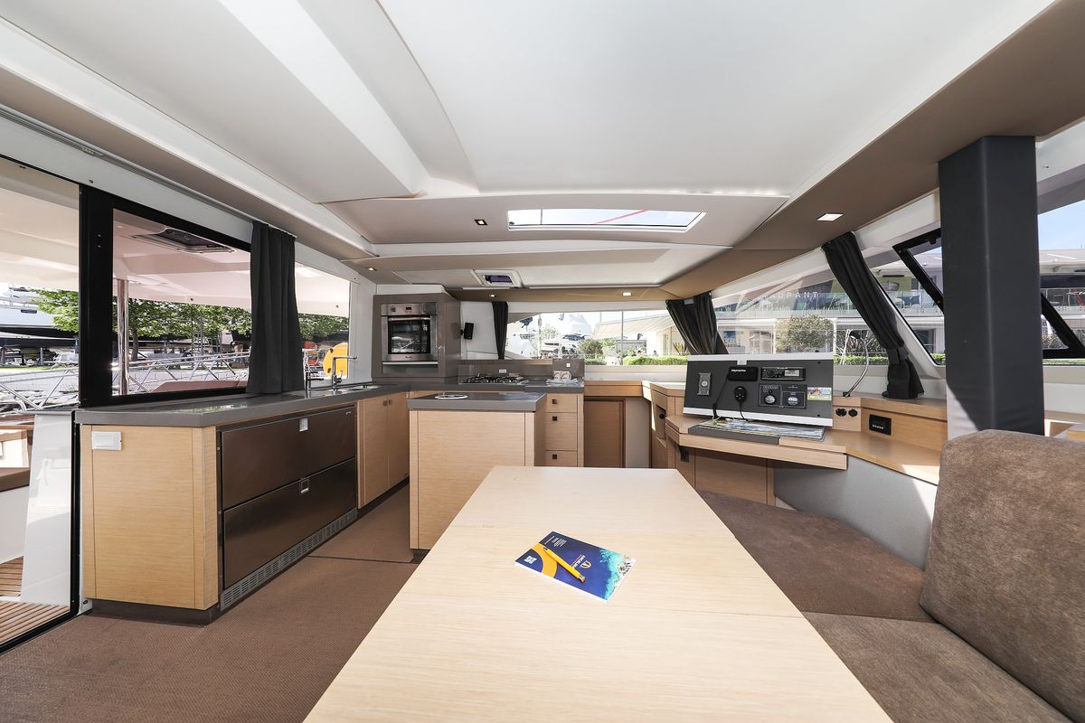 Salon of Tamara V, a Fountaine Pajot Saona 47 Quintet catamaran at Grad Trogir, Croatia