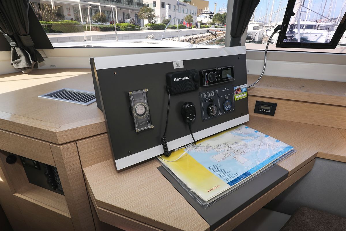 Cockpit of Tamara V, a Fountaine Pajot Saona 47 Quintet catamaran at Grad Trogir, Croatia