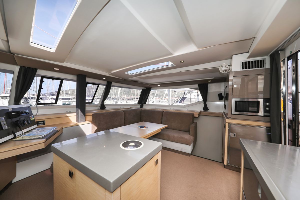 Salon of Tamara V, a Fountaine Pajot Saona 47 Quintet catamaran at Grad Trogir, Croatia