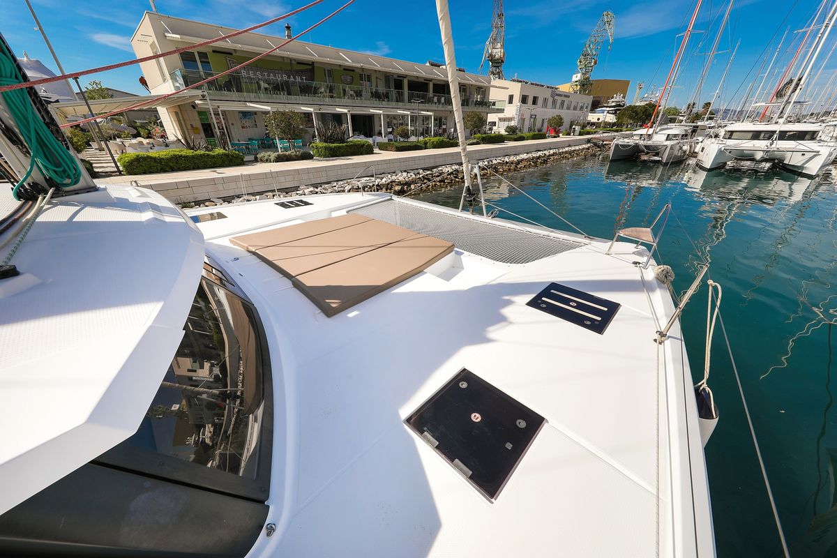 Deck of Tamara V, a Fountaine Pajot Saona 47 Quintet catamaran at Grad Trogir, Croatia